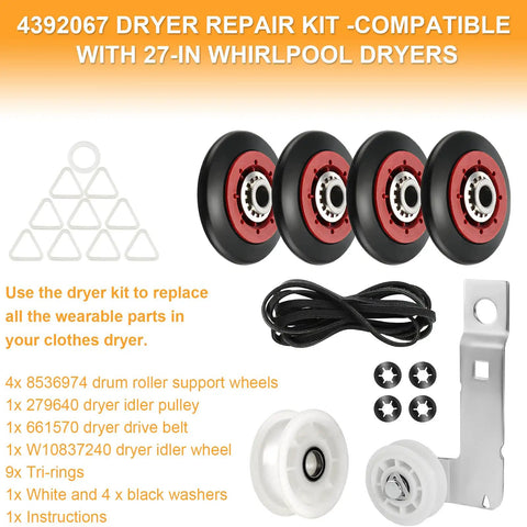Easy No Fuss Dryer Repair Kit 4392067 With W10837240 Idler Pulley WPW10314173 Drum Roller 661570V Belt And 279640 Idler Pulley components