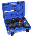 Wzyblixo Turbo Leakage Tester Kit; blue case, front view, 9-piece set with adapters 1-3/8 in to 3-1/2 in and red valve.