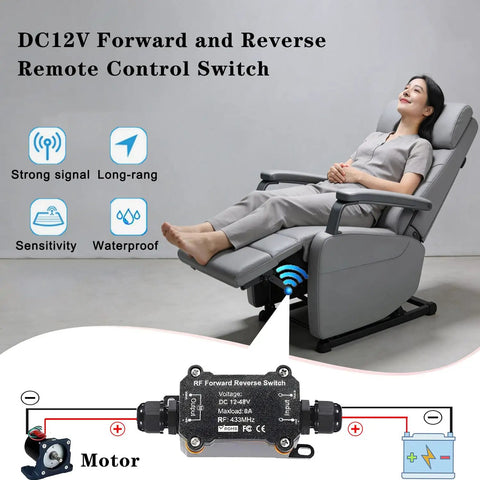 Tough As Nails Wireless Remote Switch For Forward And Reverse Dc Motor Control IP67 Waterproof At Eight Amps Rock Solid For Golf Carts Trailers Everyday Grind with user operating reclining chair.