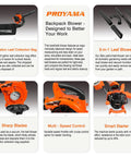 Product brochure showcasing the Beefy Gas Powered Leaf Blower 3 In 1 Vacuum Mulcher Kit with features and close-ups.