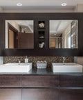 Bathroom with 3 Inch LED IC Rated Swivel Round Trim Recessed Lighting Kit 4-Pack With White Finish, two mirrors, and dark cabinetry