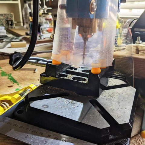 Universal Mini Drill Press Vise Clamp Set for Jewelry Making on a Table Bench with 0-2 Inch Capacity, close-up view in use.