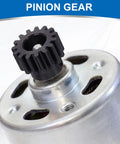 Close-up of Two Pack Mod 1.5 Pinion Gear 11 Teeth, 8mm Bore, Hardened 1045 Steel, mounted on motor