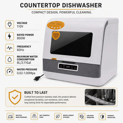 No Sweat Stainless Countertop Dishwasher Featuring Twelve Power Spray Jets Ozone Sterilization And High Temp Wash for compact cleaning.