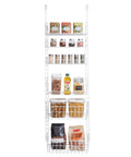 Over The Door Pantry Organizer Rack With Six Adjustable Shelves, white steel storage unit for spices and kitchen gear, front view