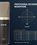 Condenser XLR Microphone With Large Diaphragm Cardioid Studio Mic Kit Including Shock Mount For Studio Recording Live Streaming Podcasting Voiceover And YouTube Black with frequency response graph and cardioid pattern