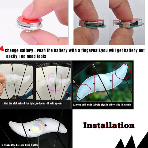 Battery change and installation steps for Colorful LED Bike Wheel Lights Set, 5 Pack Waterproof Spoke Lights with 3 Modes for Bicycle Rims
