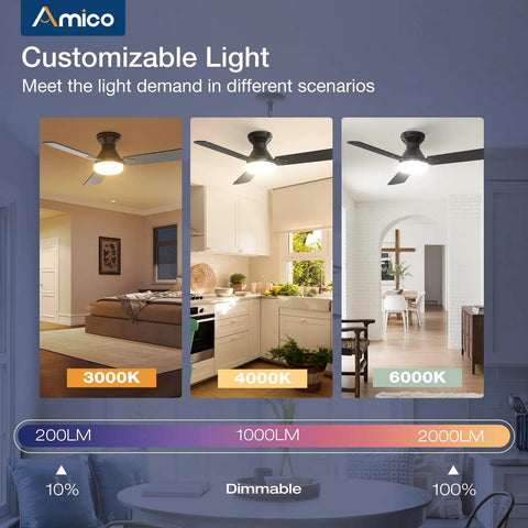 2 Pack 42 Inch Ceiling Fans With Lights Low Profile Flush Mount Remote Control Dimmable Reversible 3CCT Energy Efficient Noiseless Indoor Outdoor Black Ceiling Fans For Bedroom And Living Room showing dimmable light modes 3000K, 4000K, 6000K in different rooms.