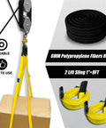 Rope Hoist Pulley System 4400 Lb Pulley Block And Tackle With 8 To 1 Ratio Lifting Power And 65 Feet Reach Heavy Duty Gear For Lifting And Pulling Includes Two Straps, showing pulley, ropes, and yellow straps.