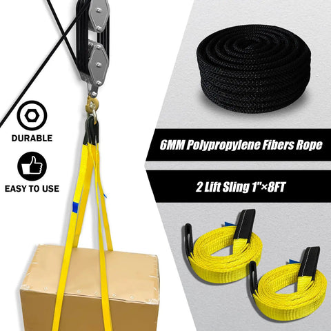 Rope Hoist Pulley System 4400 Lb Pulley Block And Tackle With 8 To 1 Ratio Lifting Power And 65 Feet Reach Heavy Duty Gear For Lifting And Pulling Includes Two Straps, showing pulley, ropes, and yellow straps.
