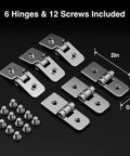 Top Shelf Two Hole Hinge Set For Crafting Foldable Pet Ramps And Play Zones featuring 6 metal hinges and 12 screws, 2in and 0.7in sizes.