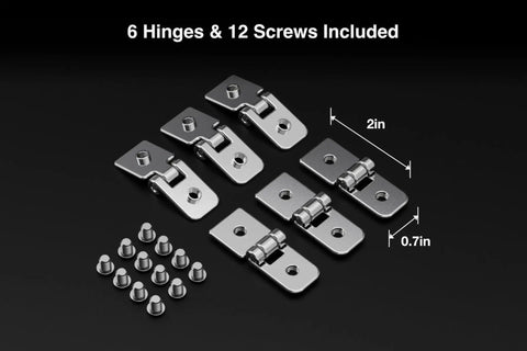 Top Shelf Two Hole Hinge Set For Crafting Foldable Pet Ramps And Play Zones featuring 6 metal hinges and 12 screws, 2in and 0.7in sizes.