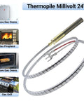 Thermopile millivolt sensor, 24-inch with braided stainless sheath and brass connector; shown with four appliance icons