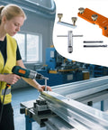Precision Aluminum Extrusion Drill Jig With Dead On Vertical Alignment in use with drill on aluminum T slot profiles.