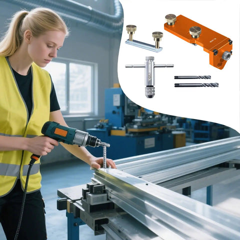 Precision Aluminum Extrusion Drill Jig With Dead On Vertical Alignment in use with drill on aluminum T slot profiles.