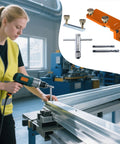 Heavy Duty Aluminum Profile Tapping Guide Drill Jig For Metal Extrusion Tracks in use with drill on aluminum track.