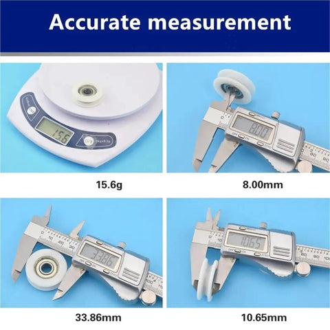 Accurate measurement of Heavy Duty 20 Pack U Groove Plastic Coated Ball Bearings 608ZZ Pom Roller dimensions and weight.