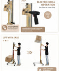 Handy Portable Mobile Lifting Stacker With Winch Tool For Cabinet Installation And Heavy Load Support Up To 176Lbs in use with manual and electric operation.