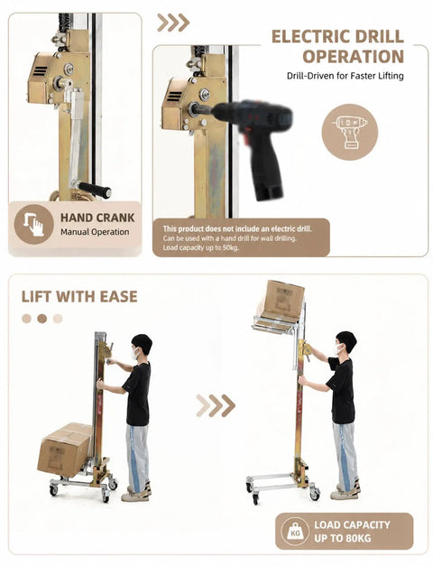 Handy Portable Mobile Lifting Stacker With Winch Tool For Cabinet Installation And Heavy Load Support Up To 176Lbs in use with manual and electric operation.