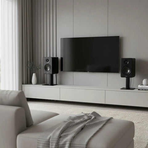 Desktop Speaker Stands Pair With A 7 By 7 Inch Metal Tray And 6 Inch Height next to TV in modern living room setup.