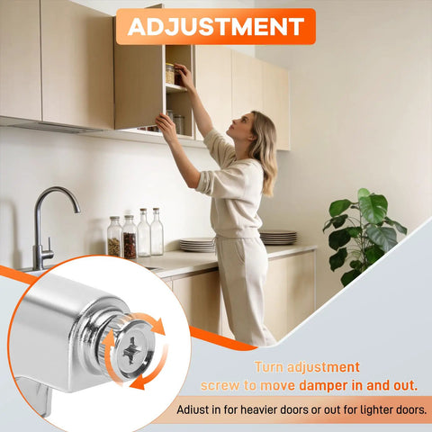Adjustable soft close cabinet damper in use for kitchen cupboards; featuring a woman adjusting the installation.