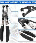 Toolwiz hose clamp pliers front view with black grips and silver jaws; close-ups show swivel head and locking lever.