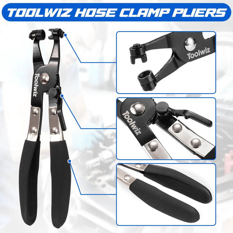 Toolwiz hose clamp pliers front view with black grips and silver jaws; close-ups show swivel head and locking lever.