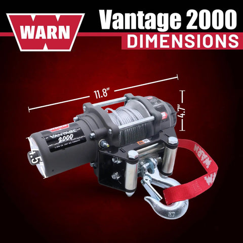 Vantage 2000 12V DC Electric Winch for ATVs and UTVs with 2000 Lb Pull dimensions displayed