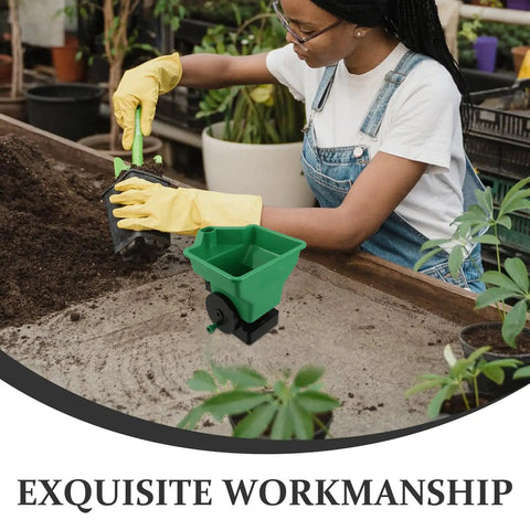 Person using Handheld Seed Spreader And Planting Seeder For Veggies And Lawn Care Portable Hand Crank Broadcast Spreader Tool