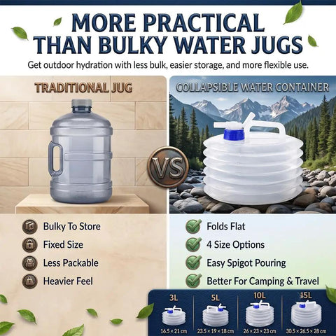 Collapsible Water Container With Spigot For Camping And Outdoors vs Traditional Jug, showcasing features and size options.