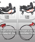 Beefy 4-Piston Hydraulic Disc Brake Kit For E-Bikes And Mountain Bikes with 1100mm front and 1850mm rear hose lengths shown.