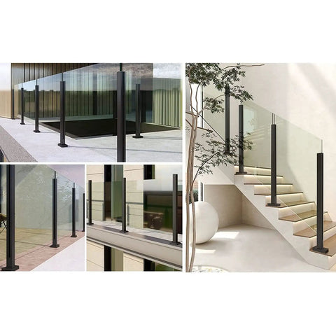 Matte Black Glass Railing System With Durable Stainless Steel Balustrade And Glass Panels for indoor stair and outdoor deck use.