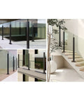 Sleek Matte Black Glass Railing Posts With Heavy Duty Stainless Steel Cores For Indoor Outdoor Decks Balconies And Pools, showcased in various settings.