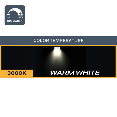 Six Pack 6 Inch LED Recessed Slim Lights Kit, dimmable 3000K warm white glow illustration, focus on color temperature