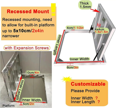 Built Tough Concealed Basement Floor Access Door With Large Suction Handle And Dual Hydraulic Struts For Zero Hassle Hidden Storage Quick Emergency Escapes And Custom Fit Home Renovations, showing recessed mount details and dimensions.