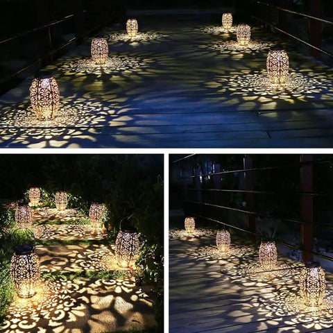 Two Pack Solar Lantern Lights For Hanging Or Table Outdoor Patio Garden Silver Finish Solar Powered Lights illuminating pathway