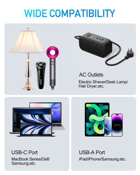 On-The-Go 9-In-1 PD 65W USB-C Power Strip With AC Outlets, USB-C and USB-A ports compatibility with lamp, shaver, phones, laptops