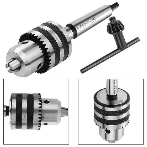 MT2 Drill Chuck for Lathe with JT33 Morse Taper Two Arbor and Chuck Key, high-speed steel for metalworking, shown in three angles