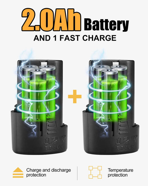 Pair of 2.0Ah Li-Ion batteries for Cordless 3/8 Inch Ratchet Wrench Set With 40 Ft-Lbs Torque, 400 RPM, 12V Battery, and Charger