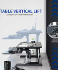 32 Inch Desk Converter K Series Sit To Stand Riser With Dual Monitor And Laptop Workspace Height Adjustable Standing Desk Attachment Wide Keyboard Tray Black DESK V000K showing stable vertical lift feature.