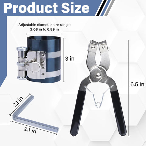 Universal Premium Piston Ring Compressor And Heavy Duty Installation Pliers For Domestic And Import Engine Builds, adjustable size 2.08 to 6.89 in.