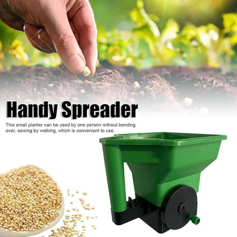 Hand Crank Garden Spreader For Lawn Care No Power Needed Seed And Fertilizer Applicator Portable Handheld Tool Built From Crack Resistant ABS And PP Easy To Use For Planting Seeding And Lawn Maintenance, green ABS hopper with seeds