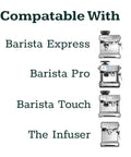 Compatibility guide for Bottomless 54mm Portafilter Kit With 53mm Distributor And Tamper For Breville Barista Express Pro Touch Models.