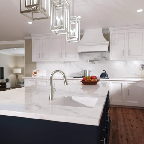 hansgrohe Joleena Pull Down Kitchen Faucet, Transitional, Magnetic Hand Sprayer, 1-Handle, 1.75 GPM, Stainless Steel Optic, 04112800 on marble kitchen island