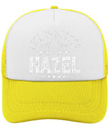 Yellow cap with 'Life is Better with a Hazel' text, adjustable buckle, Lightweight Tan Hat For Men With Front Artwork Design Adjustable Buckle Strap One Size Fits Most Everyday Casual Go To Cap For Outdoors Travel Running Streetwear And Sun Protection.