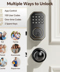 Dead Simple Keyless Entry Door Lock With Knob Set In Classic Oil Rubbed Bronze showcasing app control and user codes for security.