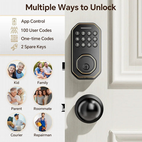 Dead Simple Keyless Entry Door Lock With Knob Set In Classic Oil Rubbed Bronze showcasing app control and user codes for security.