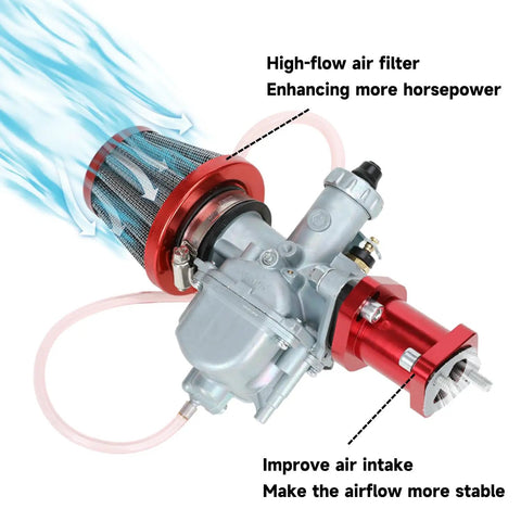 Performance VM22 26mm Carburetor For Predator 212cc shown with 38mm air filter intake, highlighting airflow and power enhancement.