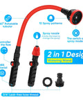Image of a red bendable watering wand featuring a 360° rotatable tubular handle and 10 spray patterns for garden and car cleaning.