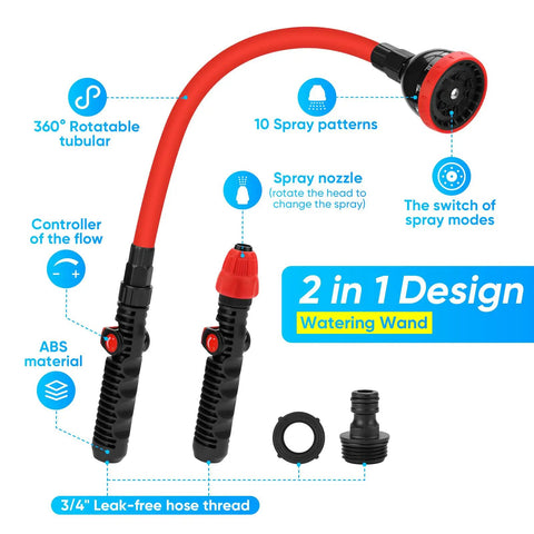 Image of a red bendable watering wand featuring a 360° rotatable tubular handle and 10 spray patterns for garden and car cleaning.